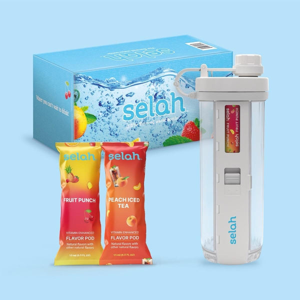 Selah Flavored Water Bottle Starter Box - 2 vitamin pods - Fruit Punch and Peach Iced Tea Sugar