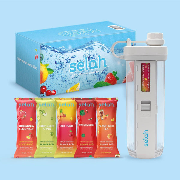 Selah Flavored Water Bottle Starter Box - 5 all-natural sugar-free vitamin pods - Watermelon, Strawberry Lemonade, Peach Iced Tea, Fruit Punch, Green Apple